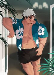 Rule 34 | 1boy, absurdres, akiha gongen (housamo), bandaid, bandaid on face, bandaid on nose, bara, bare pectorals, black hair, black shorts, blue shirt, brown eyes, dark-skinned male, dark skin, facial hair, goatee, hawaiian shirt, highres, horns, large pectorals, leaning on object, looking to the side, male focus, multicolored hair, muscular, muscular male, official alternate costume, pectorals, scar, scar on arm, shirt, short hair, shorts, sideburns, single horn, solo, t-ryu, thick eyebrows, tokyo houkago summoners, two-tone hair, variant set, white hair