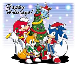 Rule 34 | 3boys, absurdres, box, chao (sonic), christmas, christmas ornaments, christmas tree, furry, furry male, gift, gift box, gloves, hat, highres, knuckles the echidna, male focus, multiple boys, official art, sack, santa costume, santa hat, shoes, sneakers, sonic (series), sonic the hedgehog, tails (sonic), white gloves