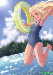 Rule 34 | 1girl, :d, absurdres, armpits, artist name, blonde hair, blue eyes, blush, breasts, cloud, collarbone, dark-skinned female, dark skin, day, fang, flip-flops, highres, innertube, long hair, melonbooks, natsupa, one-piece swimsuit, open mouth, outdoors, outstretched arms, sandals, scan, school swimsuit, small breasts, smile, solo, sparkle, spread arms, swim ring, swimsuit, water