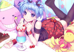 Rule 34 | 10s, 1boy, :|, ansatsu kyoushitsu, ass, belt, black bow, black thighhighs, blanket, blue eyes, blue hair, bow, character doll, character pillow, cherry, closed mouth, collar, collarbone, cross-laced clothes, crossdressing, dessert, detached sleeves, doll, eyebrows, finger to cheek, flat chest, food, food on body, fruit, grin, hair bow, hat, heart, highres, hmniao, holding, holding spoon, indoors, koro-sensei, lace, lace-trimmed skirt, lace trim, lying, male focus, matching hair/eyes, nightcap, no shoes, on bed, on stomach, parfait, pillow, pink ribbon, plaid, plaid skirt, ribbon, ringed eyes, shiota nagisa, short twintails, skirt, smile, solo, spoon, star (symbol), strawberry, thighhighs, trap, twintails, wristband