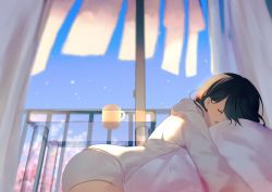 Rule 34 | 1girl, achiki, bean bag chair, black hair, blue sky, blurry, blurry background, blurry foreground, cherry blossoms, clear sky, closed eyes, coffee mug, commentary, cup, day, depth of field, dress, hood, hood down, hoodie, indoors, long sleeves, lying, medium hair, mug, on stomach, open mouth, original, pajamas, petals, railing, sky, sleeping, sliding doors, solo, sunlight, sweater, sweater dress, table, transparent, tree, white dress, window
