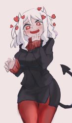 Rule 34 | 1girl, black jacket, breasts, cropped legs, dated, demon girl, demon horns, demon tail, dongbing95, heart, heart-shaped pupils, helltaker, highres, horns, jacket, large breasts, lips, long hair, modeus (helltaker), naughty face, pantyhose, red eyes, red pantyhose, red sweater, ribbed sweater, simple background, solo, sweater, symbol-shaped pupils, tail, white background, white hair, white horns