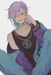 Rule 34 | 1boy, absurdres, black tank top, blue eyes, blue hair, butchi, collar, highres, jacket, jewelry, long sleeves, looking to the side, male focus, multicolored hair, necklace, pants, paradox live, ponytail, purple hair, smile, solo, tank top, white background, yatonokami kanata