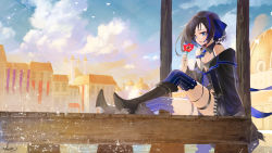 Rule 34 | 1girl, animal, bare shoulders, bird, black footwear, black hair, black jacket, black shirt, blue eyes, blue hair, blue nails, blue ribbon, blue sky, blue thighhighs, blush, boots, building, cloud, cloudy sky, commentary request, day, flower, hair ribbon, high heel boots, high heels, highres, holding, holding flower, jacket, knee boots, knee up, looking at object, looking away, multicolored hair, nail polish, off shoulder, open clothes, open jacket, original, outdoors, parted lips, red flower, ribbon, saraki, shirt, sitting, skirt, sky, sleeveless, sleeveless shirt, solo, streaked hair, striped clothes, striped skirt, striped thighhighs, thighhighs, thighhighs under boots, tower, vertical-striped clothes, vertical-striped skirt, vertical-striped thighhighs