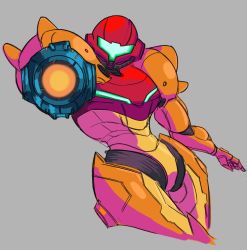 Rule 34 | 1girl, aiming, aiming at viewer, arm cannon, armor, chef033, grey background, leaning back, looking at viewer, metroid, nintendo, power armor, samus aran, solo, visor, weapon