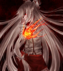 Rule 34 | 1girl, bad id, bad pixiv id, crazy eyes, dark, female focus, fire, fujiwara no mokou, gradient background, hand over face, profile, solo, torn clothes, touhou, yuina (artist)