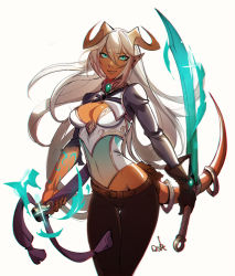 Rule 34 | 1girl, blue eyes, breasts, brown gloves, brown pants, colored skin, distr, dungeons &amp; dragons, glint, gloves, gluteal fold, highres, holding, holding sword, holding weapon, horns, long hair, long sleeves, looking at viewer, medium breasts, orange skin, pants, reverse grip, scabbard, sheath, shrug (clothing), simple background, smile, solo, sword, tail, tail ornament, tail ring, thigh gap, tiefling, unsheathed, weapon, white background, white hair