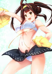 Rule 34 | 10s, 1girl, adapted costume, ahoge, bare shoulders, blush, breasts, brown eyes, brown hair, cameltoe, cheerleader, clothes lift, covered erect nipples, crop top, female focus, hairband, highres, kantai collection, kongou (kancolle), kuon (break through), large breasts, long hair, midriff, navel, open mouth, pom pom (cheerleading), shiny skin, skirt, skirt lift, smile, solo, taut clothes, underboob, wind, wind lift