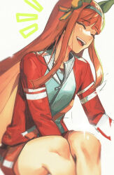 Rule 34 | 1girl, animal ears, blunt bangs, blurry, closed eyes, commentary request, ear covers, flat chest, green hairband, hairband, highres, hime cut, horse ears, light blush, long hair, open mouth, orange hair, red shorts, red track suit, shirt, short shorts, shorts, silence suzuka (umamusume), simple background, smile, solo, straight hair, teeth, tracen training uniform, umamusume, upper teeth only, very long hair, white background, white shirt, woxinruhuo, zipper