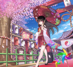Rule 34 | 1girl, architecture, ascot, bare shoulders, black hair, blue sky, blurry, bow, box, brown hair, building, cherry blossoms, closed mouth, cloud, cloudy sky, day, depth of field, detached sleeves, doll, donation box, east asian architecture, embellished costume, fence, floral print, hair between eyes, hair bow, hair tubes, hakurei reimu, hakurei shrine, holding, holding umbrella, kokeshi, lantern, long hair, looking at viewer, oil-paper umbrella, outdoors, parasol, petals, pinwheel, platform footwear, pleated skirt, red bow, red eyes, red skirt, ribbon-trimmed sleeves, ribbon trim, rope, sandals, shrine, sidelocks, skirt, skirt set, sky, smile, solo, stairs, torii, touhou, tree, umbrella, walking, wide sleeves, wind, yin yang, yuujin (mhhnp306), yuujin (yuzinn333)