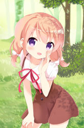 Rule 34 | 1girl, alternate hairstyle, blush, bow, breasts, brown skirt, bush, collarbone, collared shirt, commentary request, cowboy shot, day, gochuumon wa usagi desu ka?, grass, hair bow, hand on own face, hand on own leg, highres, hoto cocoa, long hair, looking at viewer, massala, neck ribbon, open mouth, orange hair, outdoors, puffy short sleeves, puffy sleeves, red ribbon, ribbon, shirt, short sleeves, skirt, small breasts, solo, standing, suspender skirt, suspenders, tree, twintails, white bow, wing collar