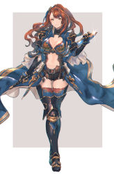 Rule 34 | 1girl, armor, asymmetrical bangs, beatrix (granblue fantasy), belt, black shorts, border, breasts, brown belt, brown hair, cape, cleavage, clothing cutout, full body, granblue fantasy, hair ornament, highres, holding, holding weapon, large breasts, long hair, looking at viewer, navel, navel cutout, parted lips, shimatani azu, short shorts, shorts, standing, thighhighs, weapon, white border, yellow eyes