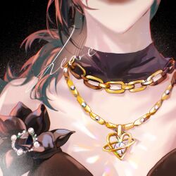 Rule 34 | 1girl, bare shoulders, black flower, black hair, boutonniere, chain, chain necklace, chinese commentary, commentary, deren (eclat eminence) (path to nowhere), deren (path to nowhere), detached collar, diamond necklace, flower, gold necklace, head out of frame, heart, heart necklace, highres, jewelry, lens flare, light particles, long hair, necklace, official alternate costume, path to nowhere, shafagou, solo, upper body