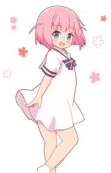 Rule 34 | 1girl, blue eyes, bocchi the rock!, dress, gotoh futari, highres, looking at viewer, open mouth, pink hair, pon sugar, sailor collar, short hair, short sleeves, simple background, smile, socks, solo, white background, white dress