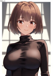 Rule 34 | 1girl, blush, bodysuit, border, breasts, brown eyes, brown hair, curtains, day, hair between eyes, highres, hyuuga (kancolle), indoors, kantai collection, large breasts, long sleeves, looking at viewer, shiromaru (maniado), short hair, smile, solo, upper body, white border, window