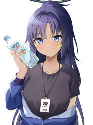 Rule 34 | 1girl, black shirt, blouse, blue archive, blue jacket, bottle, breasts, gym shirt, gym uniform, hair between eyes, halo, hands up, highres, id card, jacket, large breasts, long hair, looking at viewer, open clothes, open jacket, ponytail, purple eyes, purple hair, shirt, simple background, star (symbol), sweat, tennen inari, water bottle, white background, yuuka (blue archive), yuuka (track) (blue archive)