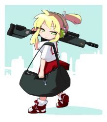 Rule 34 | 1girl, bag, beanie, blonde hair, character request, duffel bag, ear protection, gun, hat, headphones, iris (material sniper), material sniper, over shoulder, rifle, solo, squinting, ugif, weapon, weapon over shoulder