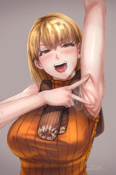 Rule 34 | 1girl, armpits, ashley graham, blonde hair, blush, breasts, brown eyes, capcom, female focus, highres, kupaa, large breasts, long hair, looking at viewer, open mouth, resident evil, resident evil 4, scarf, sgk, smell, smile, solo, spread armpit, steam, sweat, sweater, sweater vest, tongue
