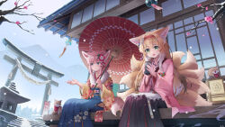 Rule 34 | 2girls, absurdres, ahoge, alternate costume, animal, animal ear fluff, animal ears, apron, architecture, arknights, black hakama, blonde hair, blue hakama, chinese commentary, closed mouth, commentary request, cup, east asian architecture, feet out of frame, floral print, flower, fox, fox ears, fox girl, fox tail, frilled apron, frills, green eyes, hair flower, hair ornament, hairband, hakama, hakama skirt, highres, holding, holding cup, holding umbrella, japanese clothes, kimono, kitsune, kyuubi, long hair, long sleeves, multicolored hair, multiple girls, multiple tails, obi, official alternate costume, oil-paper umbrella, open mouth, outdoors, pink hair, pink kimono, pleated skirt, red hairband, red umbrella, sash, short hair, sitting, skirt, smile, snow, steam, sussurro (arknights), suzuran (arknights), suzuran (yukibare) (arknights), tail, torii, two-tone hair, umbrella, waist apron, white apron, white hair, wide sleeves, winter, xary, yellow kimono