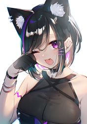 Rule 34 | 1girl, ;d, absurdres, animal ear fluff, animal ears, bare shoulders, black choker, black gloves, black hair, black shirt, bracelet, breasts, choker, cleavage, fang, gloves, hair ornament, hairclip, hand up, highres, indie virtual youtuber, jewelry, kanda miu, kitazume kumie, large breasts, multicolored hair, one eye closed, open mouth, purple eyes, shirt, simple background, sleeveless, sleeveless shirt, smile, solo, streaked hair, upper body, virtual youtuber, white background