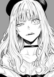 Rule 34 | 1girl, beret, character request, choker, collarbone, copyright request, fangs, gesugao, hat, highres, iro marimo, long hair, monochrome, parted lips, shirt, sketch, solo, squinting, upper body