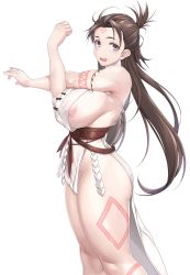 Rule 34 | 1girl, absurdres, areola slip, bare shoulders, blush, body markings, breasts, brown eyes, brown hair, dress, facial mark, fate/grand order, fate (series), forehead, forehead mark, highres, himiko (fate), himiko (first ascension) (fate), large breasts, long hair, looking at viewer, nipples, no bra, no panties, open mouth, ruton-niki, sash, see-through, side slit, sideboob, simple background, smile, solo, stretching, thighs, topknot, twintails, very long hair, white background, white dress