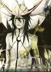 Rule 34 | 00s, 1boy, absurdres, arrancar, bare arms, black hair, bleach, calendar, colored skin, expressionless, facial mark, green eyes, hair between eyes, highres, kubo tite, long hair, male focus, number tattoo, official art, parted lips, resurreccion, scan, skull, sleeveless, slit pupils, solo, spoilers, tattoo, ulquiorra cifer, white skin, wings