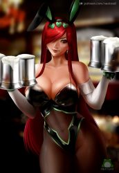 Rule 34 | 1girl, alcohol, animal ears, artist name, bare shoulders, beer, beer mug, blurry, blurry background, breasts, rabbit ears, cowboy shot, cup, earrings, elbow gloves, erza scarlet, fairy tail, fake animal ears, gloves, hair ornament, hair over one eye, heart, heart hair ornament, jewelry, large breasts, long hair, looking at viewer, mug, nextoad, pantyhose, patreon username, playboy bunny, red eyes, red hair, see-through, solo, standing, watermark, white gloves