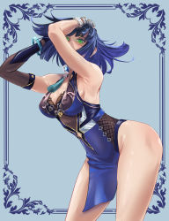 Rule 34 | 1girl, absurdres, arms up, bare shoulders, blue background, blue hair, breasts, cleavage, commentary request, cowboy shot, elbow gloves, fingerless gloves, genshin impact, gloves, green eyes, groin, highres, large breasts, leaning forward, looking at viewer, otak raptor, short hair, sleeveless, solo, standing, thighs, yelan (genshin impact)