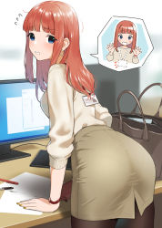 Rule 34 | 1girl, arm support, ass, bag, blue eyes, blunt bangs, blurry, blush, blush stickers, brown pantyhose, chibi, commentary request, depth of field, desk, doushimasho, earrings, flying sweatdrops, handbag, highres, id card, jewelry, keyboard (computer), leaning forward, long hair, monitor, nail polish, notice lines, office lady, original, pantyhose, paper, parted lips, pen, pencil skirt, red hair, skirt, speech bubble, sweater, white sweater, wristband, yellow nails, yellow skirt