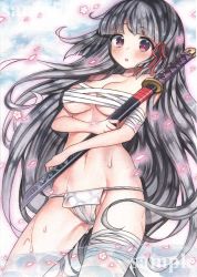 Rule 34 | 1girl, black hair, blush, breasts, female focus, floral print, fundoshi, highres, hime cut, holding, holding weapon, japanese clothes, katana, large breasts, loincloth, long hair, looking at viewer, midriff, mugicha (mugicha0929), open mouth, original, partially submerged, petals, purple eyes, sarashi, simple background, solo, sword, traditional media, underwear, wading, weapon