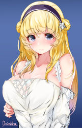 Rule 34 | 1girl, blonde hair, blouse, blue eyes, blush, breasts, cleavage, double bun, fletcher (kancolle), fletcher mk ii (kancolle), gradient background, hair bun, hairband, kantai collection, large breasts, long hair, looking at viewer, mani oniniku, off shoulder, shirt, solo, white shirt