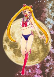 Rule 34 | 1990s (style), 1girl, absurdres, bishoujo senshi sailor moon, blonde hair, blue eyes, blue panties, blue sailor collar, boots, bow, bowtie, bra, covering own mouth, cutie moon rod, full body, full moon, heart, heart-shaped pupils, highres, knee boots, long hair, moon, panties, red bow, red footwear, retro artstyle, sailor collar, sailor moon, sailor moon narikiri bra set, sleeveless, solo, standing, standing on one leg, star (symbol), starry background, symbol-shaped pupils, tsukino usagi, twintails, underwear, underwear only, ymks8054