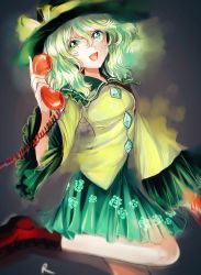 Rule 34 | 1girl, boots, cross-laced footwear, floral background, green eyes, green hair, green skirt, hair between eyes, hat, hat ribbon, highres, komeiji koishi, leg up, long sleeves, looking at viewer, matching hair/eyes, open mouth, phone, ribbon, rosette (roze-ko), see-through, skirt, solo, touhou, wide sleeves, yellow ribbon