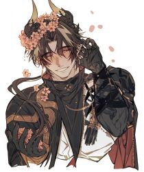 Rule 34 | 1boy, arknights, black gloves, black hair, black jacket, chong yue (arknights), demon horns, flower, flower on head, flower ring, gloves, gyulseu, highres, horns, jacket, looking to the side, male focus, one eye closed, parted lips, pink flower, shirt, short hair, simple background, smile, solo, upper body, white background, white shirt