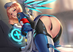 Rule 34 | 1girl, arrow (projectile), ass, blonde hair, blue eyes, breasts, cian yo, clothes lift, cross, from behind, hat, looking at viewer, medium hair, mercy (overwatch), multicolored clothes, multicolored legwear, overwatch, overwatch 1, skirt, skirt lift, solo, wings