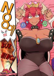 Rule 34 | !?, 1boy, 1girl, aqua eyes, bare shoulders, black dress, blush, bowsette, bracelet, breasts, breath weapon, breathing fire, brooch, cabbie hat, cleavage, collar, constricted pupils, cowboy shot, dark skin, dress, earrings, embarrassed, emphasis lines, english text, eyelashes, facial hair, fangs, fangs out, fingernails, fire, gloves, green nails, hair between eyes, hat, head tilt, hip focus, horns, huge breasts, inset, jewelry, looking at viewer, lying, mario (series), mustache, nail polish, nervous, new super mario bros. u deluxe, nintendo, nose blush, on back, on bed, overalls, pantyhose, pinned, pororokka (macareo), pov, puckered lips, red hair, red shirt, reflection, screaming, sharp fingernails, shell, shiny skin, shirt, short hair, skindentation, solo focus, spiked bracelet, spiked collar, spikes, spoken interrobang, strapless, strapless dress, super crown, teeth, trembling, unworn hat, unworn headwear, white gloves
