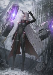 Rule 34 | 1girl, arm up, bodysuit, breasts, building, city, cyborg, full body, hair over one eye, headgear, highres, long hair, looking at viewer, medium breasts, nemesis (tower of fantasy), no.aei, official alternate costume, outdoors, rain, red eyes, solo, standing, tower of fantasy, very long hair, weapon, white hair