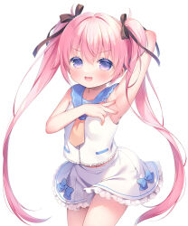 Rule 34 | 1girl, arm up, bare shoulders, black ribbon, blue bow, blush, bow, commentary request, dress, hair between eyes, hair ribbon, long hair, midriff peek, open mouth, original, pink hair, purple eyes, ribbon, sailor collar, simple background, sleeveless, solo, twintails, usashiro mani, very long hair, white background, white dress