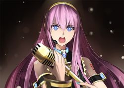 Rule 34 | 1girl, armband, asymmetrical sleeves, blue eyes, blue nails, blurry, brooch, depth of field, female focus, gem, hair between eyes, headphones, headset, holding, holding microphone, jewelry, kriss sison, light particles, long hair, looking at viewer, megurine luka, microphone, nail polish, neck, open mouth, pink hair, ringed eyes, round teeth, blue gemstone, see-through, serious, single sleeve, solo, tattoo, teeth, uneven sleeves, upper body, vintage microphone, vocaloid, yellow detached sleeves