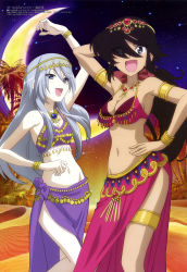 Rule 34 | 2girls, absurdres, arabian clothes, arm up, armpits, black hair, breasts, cleavage, crescent moon, desert, eyes visible through hair, flint (girls und panzer), gem, girls und panzer, gold bracelet, grey hair, hair between eyes, hair over one eye, hand on own hip, harem outfit, highres, itou takeshi, jewelry, long hair, looking at viewer, medium breasts, megami magazine, moon, multiple girls, navel, necklace, night, oasis, official art, ogin (girls und panzer), open mouth, palm tree, sand, scan, side slit, sidelocks, small breasts, smile, standing, star (sky), stomach, tree