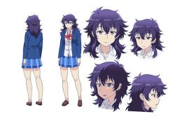 Rule 34 | 10s, 1girl, black hair, breasts, character sheet, ear piercing, earrings, expressions, frown, full body, hair between eyes, half-closed eyes, jewelry, loafers, long hair, messy hair, multiple views, official art, okako (galko), oshiete! galko-chan, piercing, plaid, plaid skirt, pleated skirt, shoes, simple background, skirt, slouching, small breasts, suzuki ken&#039;ya, white background