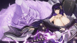 Rule 34 | 1girl, absurdres, ahoge, animal ear fluff, animal ears, azur lane, bare shoulders, black hair, black kimono, breasts, cleavage, electricity, floating hair, fox ears, fox girl, fur-trimmed kimono, fur trim, glowing, hair ornament, highres, huge breasts, japanese clothes, jewelry, katana, kimono, kitsune, long hair, long sleeves, looking at viewer, magatama, magatama necklace, musashi (azur lane), nail polish, necklace, off shoulder, outstretched arm, parted lips, rigging, samart, smile, solo, sword, upper body, very long hair, weapon, wide sleeves, yellow eyes