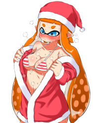 Rule 34 | 1girl, bikini, bikini under clothes, blue eyes, blunt bangs, breasts, christmas, cleavage, closed mouth, clothes pull, commentary, cowboy shot, dress, dress pull, halterneck, hat, highres, inkling, inkling girl, inkling player character, long hair, medium breasts, navel, nintendo, off shoulder, open clothes, open dress, opened by self, orange hair, penguin maru (penginmaru), pointy ears, red bikini, red dress, red hat, santa dress, santa hat, simple background, solo, splatoon (series), standing, steam, striped bikini, striped clothes, sweat, swimsuit, tentacle hair, very long hair, white background