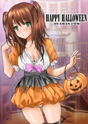Rule 34 | 1girl, black thighhighs, blurry, blurry background, blush, bow, breasts, brown hair, candy, closed mouth, commentary, cowboy shot, depth of field, dress, english text, food, frilled sleeves, frills, green eyes, hair ribbon, halloween, halloween bucket, halloween costume, hand in own hair, happy halloween, holding, light frown, looking at viewer, medium breasts, medium hair, microdress, orange dress, original, oyaman, panties, pantyshot, parted lips, purple bow, purple ribbon, ribbon, short sleeves, solo, standing, thighhighs, two side up, underwear, watermark, web address, white panties