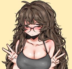 Rule 34 | 1girl, ahoge, aki (snale), alternate hair length, alternate hairstyle, blush, breasts, brown eyes, brown hair, cleavage, double v, glasses, highres, large breasts, long hair, looking at viewer, messy hair, original, snale, tank top, upper body, v, yellow background