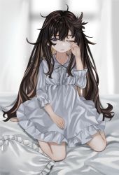 Rule 34 | 1girl, ahoge, barefoot, big hair, blue eyes, brown hair, dot nose, dress, elisia valfelto, full body, grey dress, hand on own face, hand up, highres, kneeling, long hair, long sleeves, looking at viewer, luicent, messy hair, neck ribbon, on bed, one eye closed, original, parted lips, pillow, ribbon, rubbing eyes, sleepy, solo, very long hair, white ribbon
