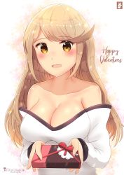 Rule 34 | 1girl, alternate costume, artist name, blonde hair, blush, breasts, chinchongcha, cleavage, gift, highres, holding, holding gift, large breasts, long hair, looking at viewer, mythra (xenoblade), smile, solo, valentine, xenoblade chronicles (series), xenoblade chronicles 2, yellow eyes