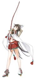 Rule 34 | 1girl, arrow (projectile), bow (weapon), brown hair, detached sleeves, flipped hair, from side, full body, green eyes, hair between eyes, hat, head tilt, highres, holding, holding arrow, holding bow (weapon), holding weapon, kazune (baumkuchen), long hair, midriff, official art, oshiro project:re, oshiro project:re, pleated skirt, sakurao (oshiro project), skirt, solo, transparent background, very long hair, weapon