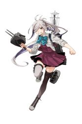 Rule 34 | 1girl, adapted turret, ahoge, asashimo (kancolle), asashimo kai ni (kancolle), asymmetrical legwear, blazer, boots, bow, bowtie, brown thighhighs, cannon, cross-laced footwear, fujikawa, full body, grey eyes, grey hair, grey thighhighs, grin, hair over one eye, jacket, kantai collection, lace-up boots, long hair, looking at viewer, machinery, mast, mismatched legwear, official art, ponytail, school uniform, sharp teeth, sleeves rolled up, smile, solo, teeth, thighhighs, transparent background, turret